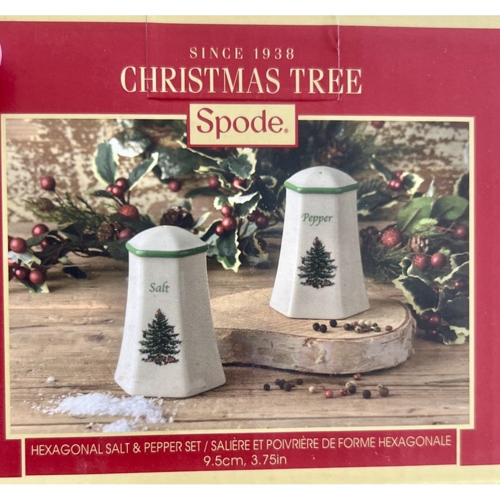 Spode Salt & Pepper Hexagon Shakers Christmas Tree New Boxed 3.75 in‎ Tall New